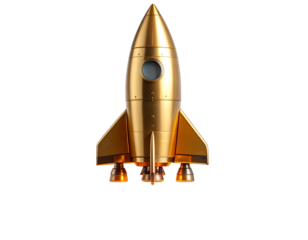 Shiny Gold Rocket Launching with Fiery Exhaust, Front View, Isolated Transparent Background PNG