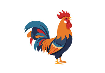 Fototapeta premium A vibrant cartoon rooster crows sporting blue and red tail feathers against a white background