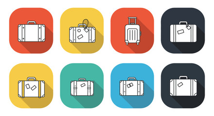 Collection of Suitcase Icons with Long Shadows in Various Colors for Travel