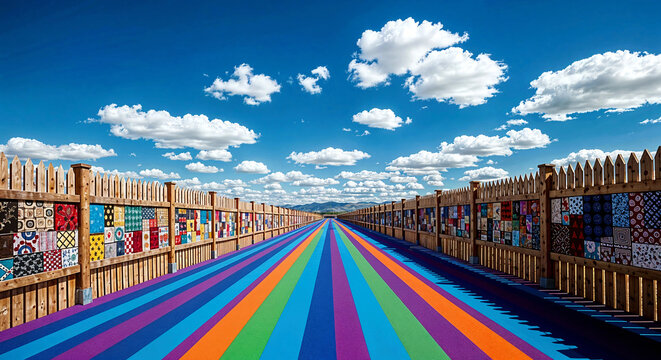 Vibrant rainbow colored pathway stretching under blue sky with fluffy white clouds, symbolizing freedom, diversity, creativity, and bright outdoor inspiration.
