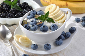 A refreshing blend of creamy yogurt topped with fresh blueberries, banana, mint leaves, served in a bowl.