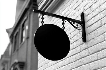 Black circular sign on a brick wall