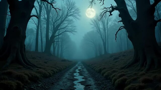 A path through a dark and misty forest illuminated by a bright moon hanging in the night sky