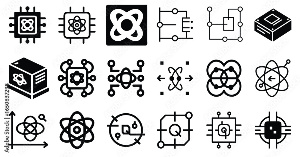Aufkleber collection of stylized icons representing quantum computing concepts, including qubits, processors a