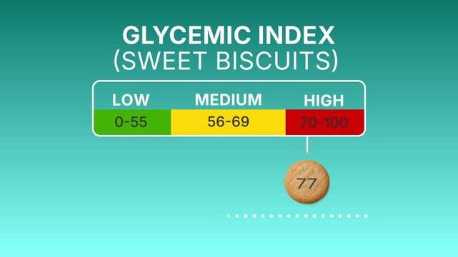 Animated infographic showing glycemic index of sweet cookies with moving scale. Perfect for health, diet, nutrition, and medical projects
