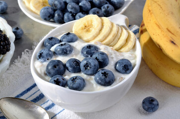 A refreshing blend of creamy yogurt topped with fresh blueberries, banana, mint leaves, served in a bowl.