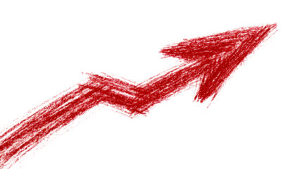 Red crayon arrow pointing upwards on transparent background