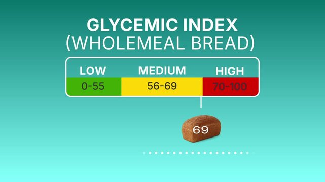 Animated infographic showing glycemic index of whole grain bread with moving scale. Perfect for health, diet, nutrition, and medical projects