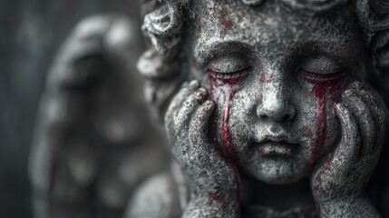 Gothic stone angel crying blood with hands on chest
