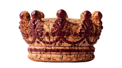 Wine cork shaped like a crown with deep red embellishments