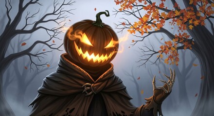 Spooky jack-o'-lantern character with glowing eyes and skeletal hand in a misty autumn forest setting