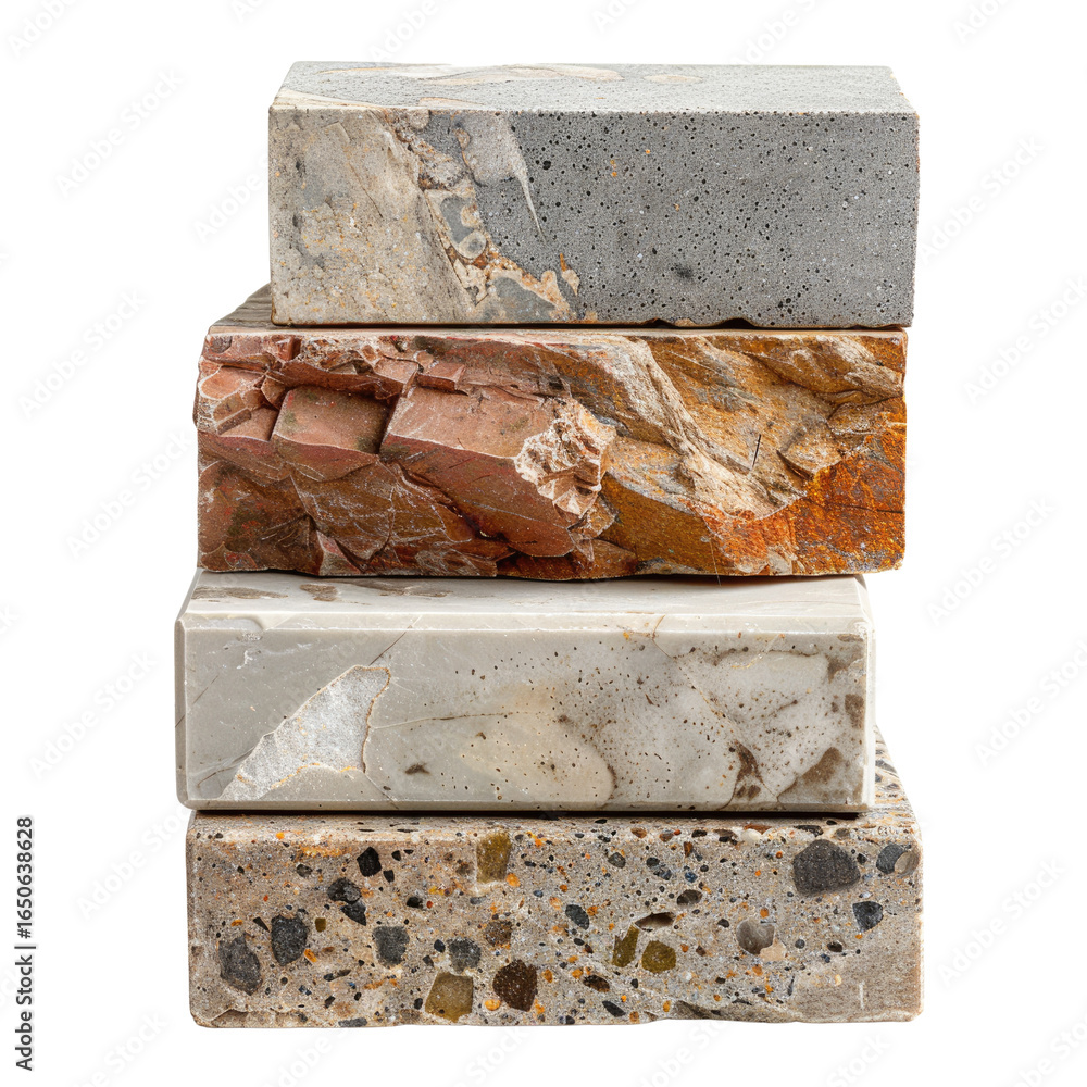 Aufkleber a stack of four different types of stone samples showcasing diverse textures and colors. background 