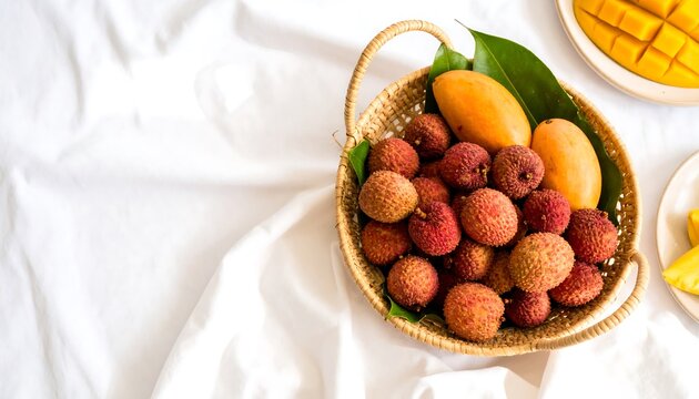 Freshly picked lychees and mangoes in a woven basket.