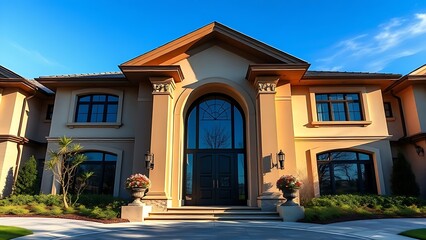 Elegant residence entrance with architectural details under a clear blue sky, exuding luxury.