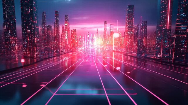 Futuristic neon cityscape with glowing gridlines and vibrant skyline