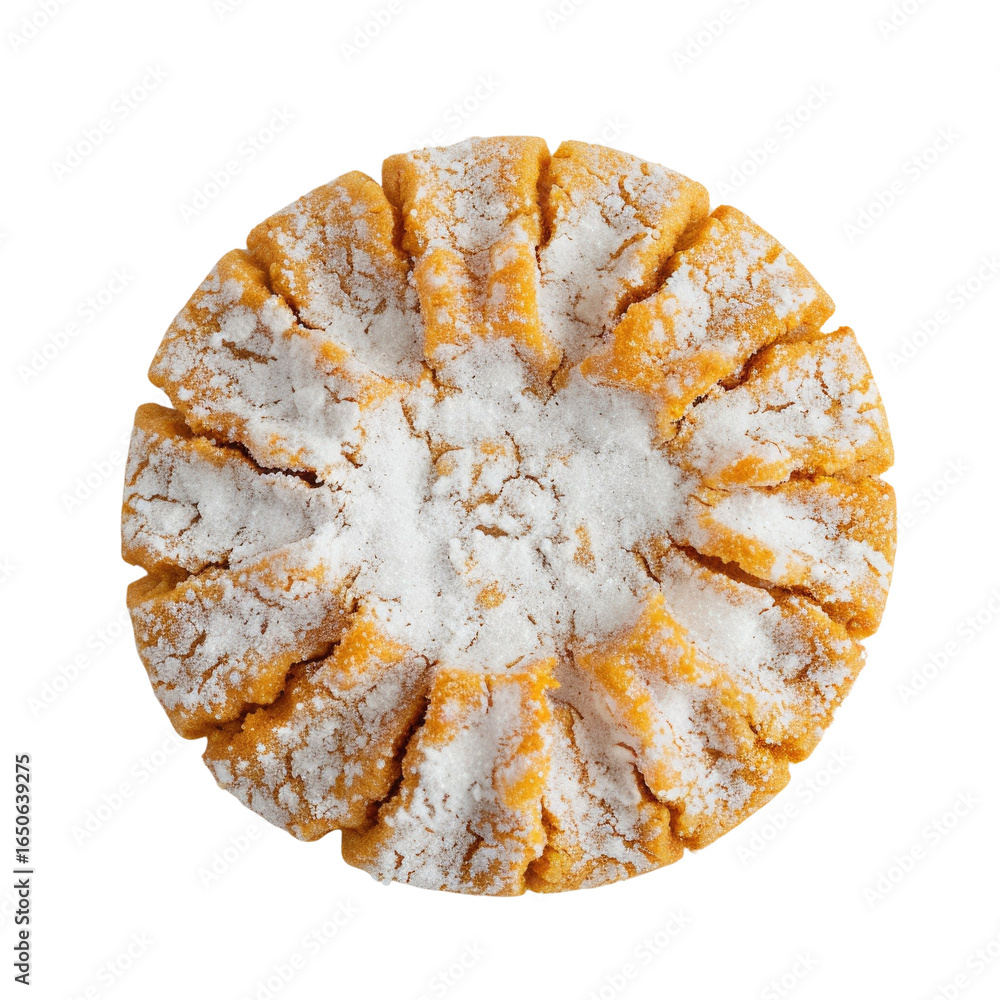 Poster a round, orange cookie with a starburst pattern, generously dusted with powdered sugar. background r
