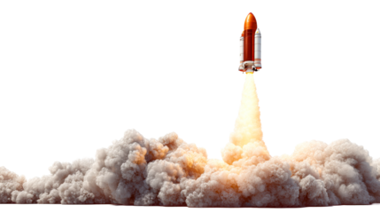 Space shuttle ascending through clouds with orange flame exhaust