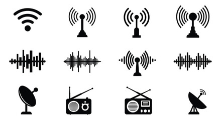 Black and white icons of radio communication technology and signals