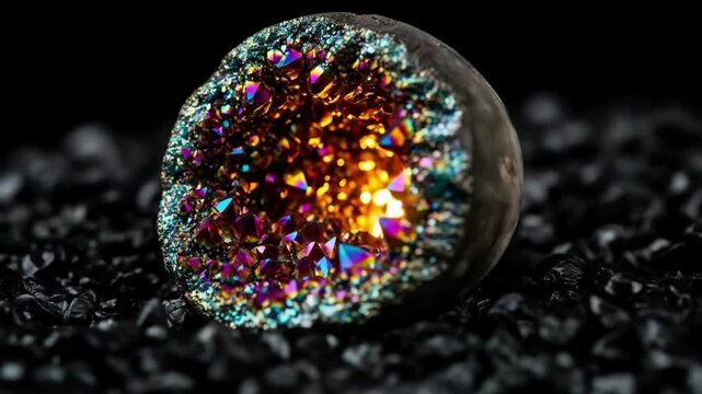 Close up of a colorful crystal geode on a bed of dark stones