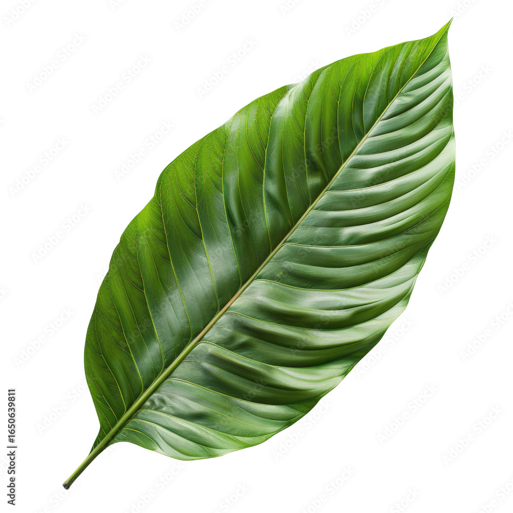 Poster single, vibrant green leaf isolated on a dark transparent background, showcasing intricate vein patt