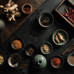 Various Spices and Herbs Arranged on Dark Surface for Cooking