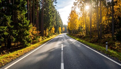 Fototapeta premium Sunlit road winding through autumnal forest