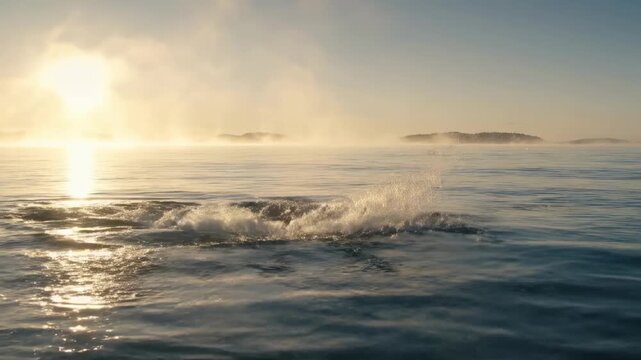 killer whale jumps out of water - Majestic orca breaching the calm ocean surface at sunrise, with mist rising in the background and distant islands silhouetted against the horizon