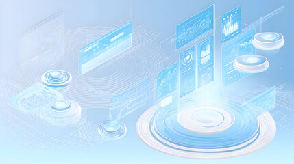 Abstract futuristic technology interface with floating screens and circular platforms