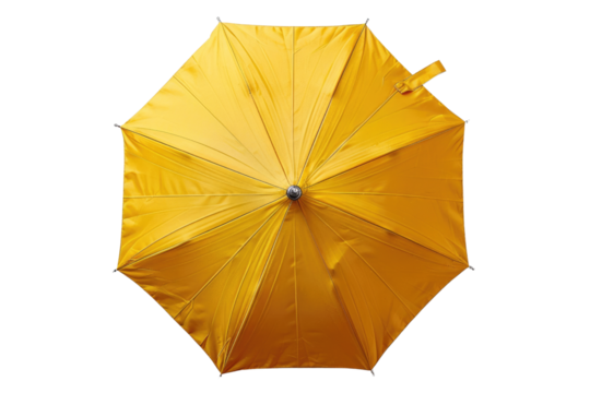 A vibrant yellow umbrella viewed from above, showcasing its radiant color and symmetrical design. background removed