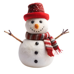 Cheerful Snowman with Red Hat and Scarf on Transparent Background