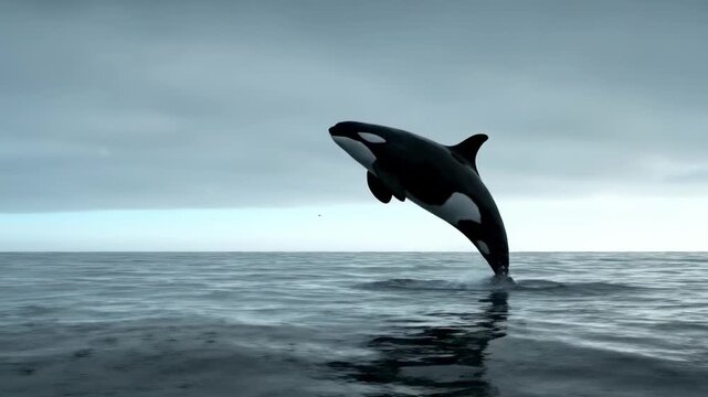 killer whale jumps out of water - Majestic whale breaching the ocean surface under a cloudy sky, showcasing its power and grace, with calm waters reflecting the serene atmosphere