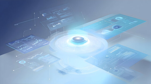 Futuristic interface with glowing center and floating data panels in a light blue color scheme