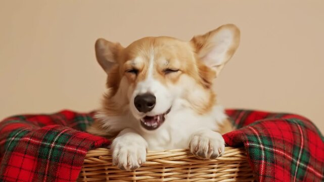 Corgi in basket redgreen plaid blanket happy expression