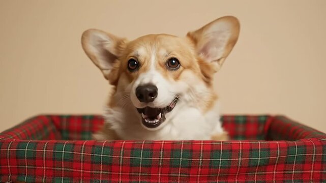 Corgi in plaid box looks at camera eyes squinted