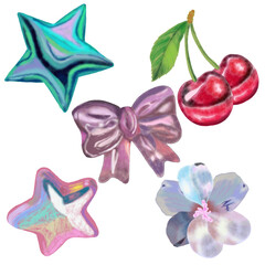 A radiant watercolor digital collection adorned with blossoms, shimmering stars, graceful bows, crystal glass, and fresh cherries