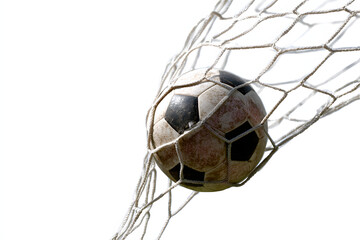 An action-packed image of a soccer ball entering the goal net, with the netting stretching as the ball hits, creating a dramatic effect.