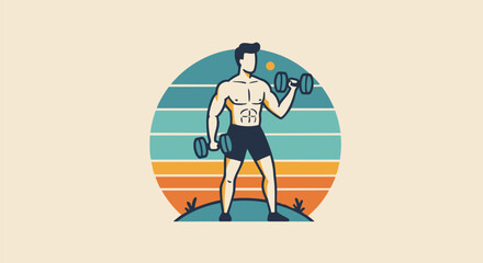 Muscular Man Lifting Dumbbells in Vintage Sunset Silhouette