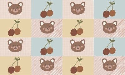 Fototapeta premium Seamless Brown Bear Head Pattern with Cherry and Colorful Checkered Design in Earth Tone