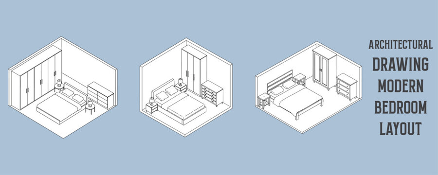 Architectural drawings of modern bedroom layouts with double beds, wardrobes, side tables, dressers, and lamps in isometric vector design