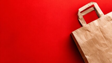 Empty kraft paper bag on red background, flat lay top view composition, eco friendly packaging design, recycling concept, sustainable lifestyle, reusable shopping bag mockup for branding and retail