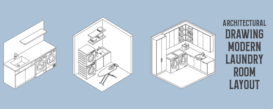 Architectural drawings of modern laundry room layouts with stacked washer and dryer, wall shelves, and ironing boards in isometric vector design