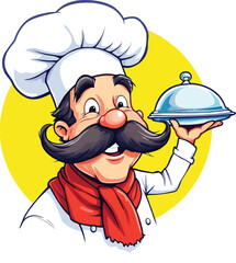 Cartoon chef character vector with mustache and serving dish for restaurant branding, food logo, and culinary design