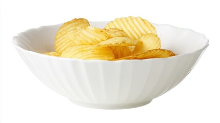 Crispy potato chips served in a white faience bowl isolated on clean background, crunchy salted snack concept, unhealthy fast food idea, junk eating habit, delicious appetizer and modern lifestyle