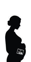 Silhouette of pregnant person holding ultrasound image over belly, symbolic moment of motherhood, anticipation, and emotional connection