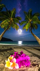 Full moon over tranquil beach, two palm trees frame the scene, with vibrant tropical flowers in the foreground