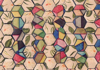 
Colorful Hexagonal Pattern with Tropical Leaves and Geometric Forms