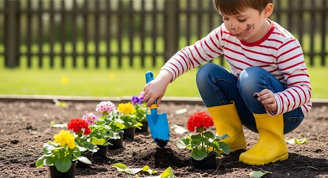 Concentrated Young Gardener in Yellow Boots Plants a Row of Colorful Spring Flowers.