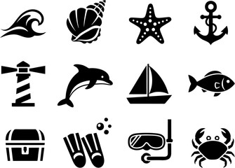 Obraz premium Collection of simple black silhouette icons for sea travel and marine life