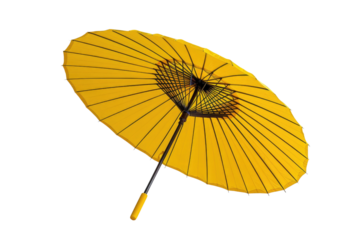 A vibrant yellow parasol, elegantly designed with dark wooden ribs, floats against a muted green backdrop. background removed
