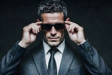 Obraz premium blind businessman adjusts sunglasses radiating quiet determination and resilient confidence.